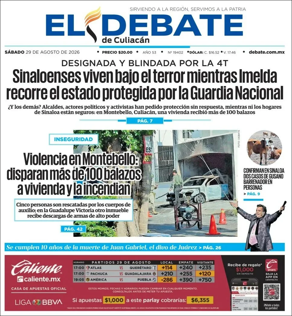 Portada de El Debate de Culiacan del sábado, 29 de agosto de 2026