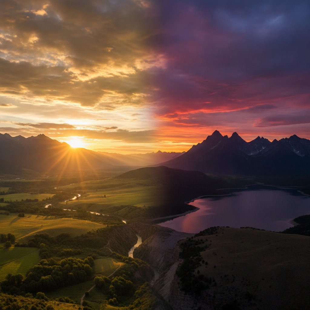 a dramatic split sky showing sunrise on one side and sunset on the other, warm to cool color transition