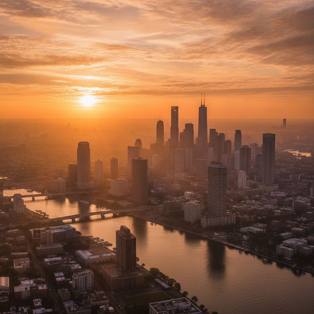 a golden sunrise over a city skyline, ambitious and inspiring warm light, sense of new possibility