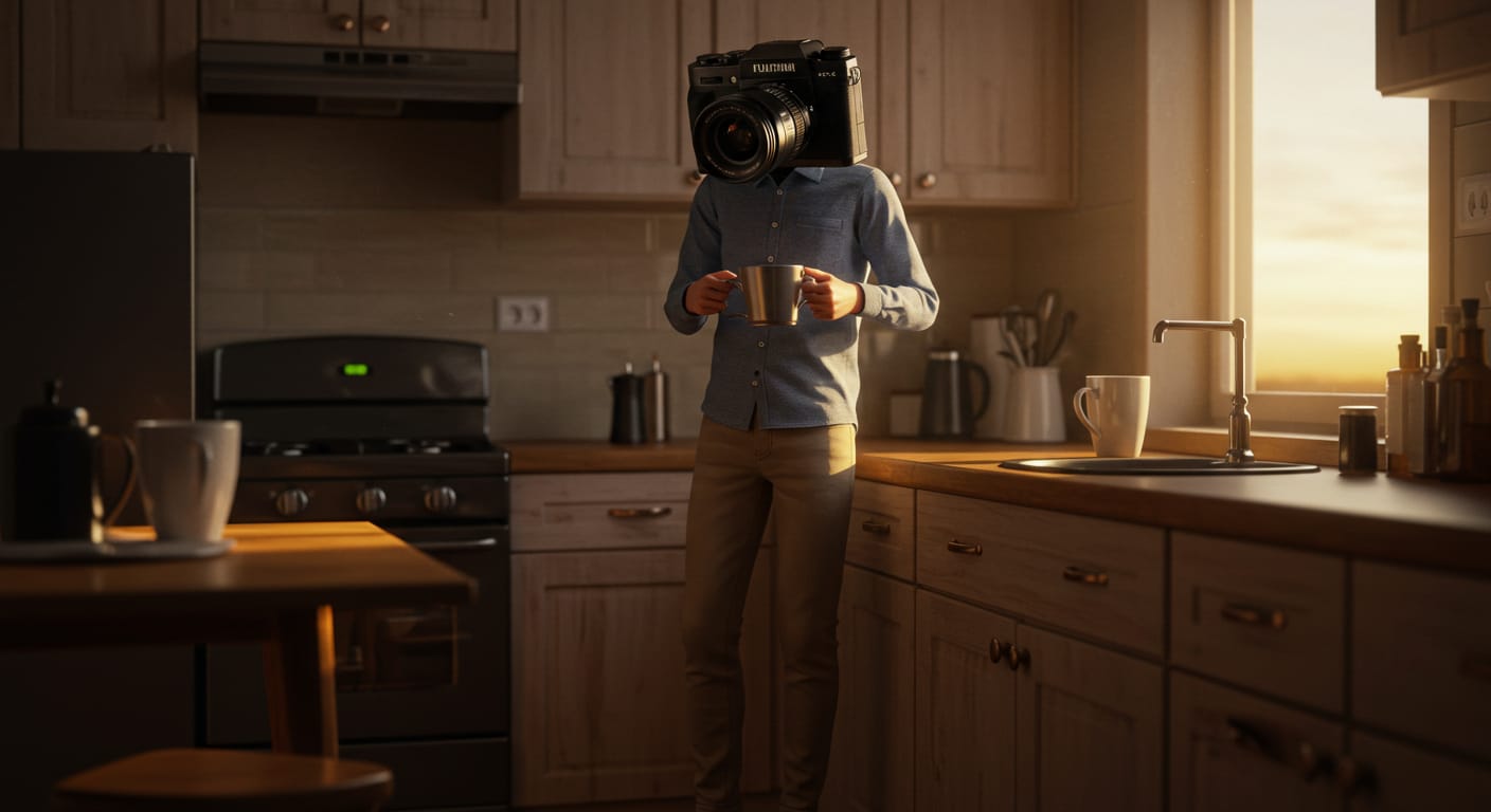 Fotógrafo con cámara en vez de cabeza, tomando café en su cocina al amanecer