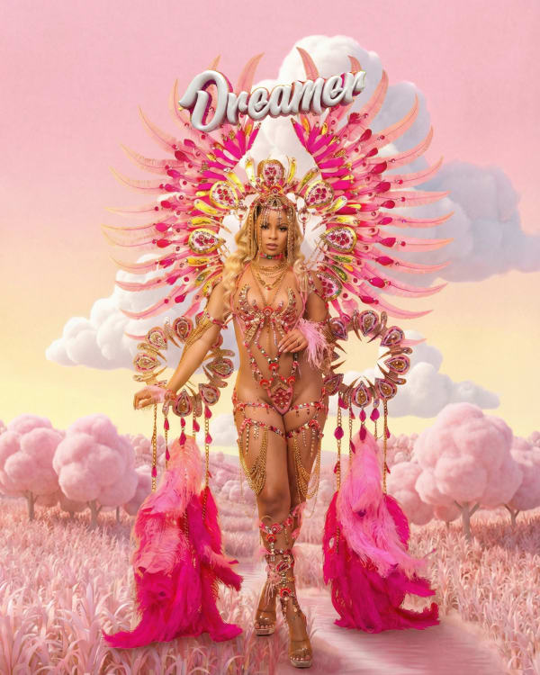 Female carnival masquerader in Power X Four Dreamer section for Crop Over 2026 wearing pink feathered wings, gold beaded bikini and large headpiece