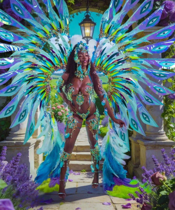 Woman in elaborate teal blue purple feathered wings and beaded bikini costume for Yard Mas Carnival Monet section at Jamaica Carnival 2026