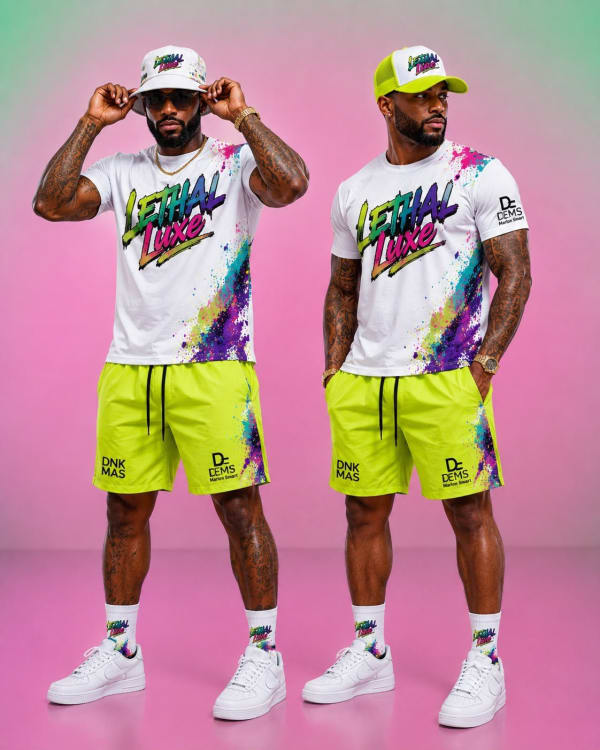 Man wearing Ramajay Mas Lethal Luxe section costume for Miami Carnival 2026 with white graphic t-shirt, yellow shorts, and cap