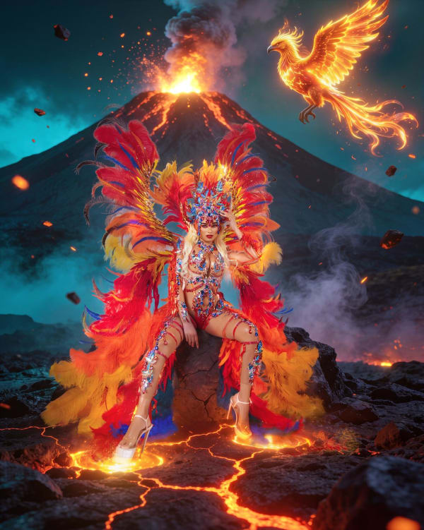 Female carnival dancer in red, orange and yellow feathered Solara costume from Revel Nation Carnival at Miami Carnival 2026