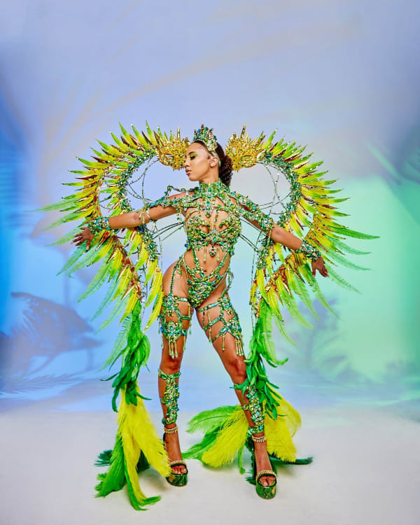 Female carnival reveler wearing an elaborate green and gold Ikran costume with huge feathered wings and headdress from Chocol