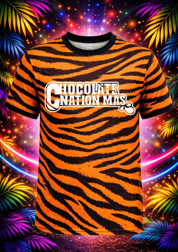 Orange and black tiger stripe T-shirt with Chocolate Nation logo for Neon Jungle section at Notting Hill Carnival 2026