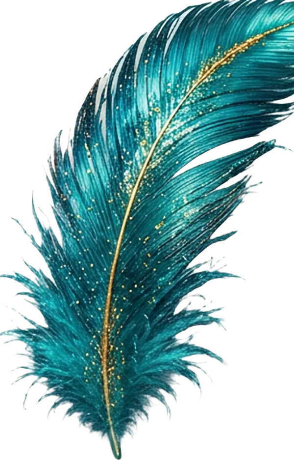 Teal and gold feathered carnival costume from Fog Angels Colorways section, Tobago Carnival 2026