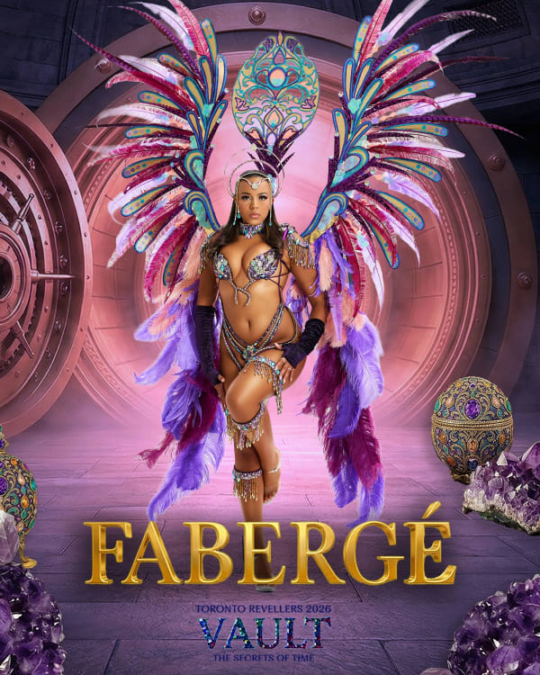 Female carnival masquerader in Toronto Revellers Fabergé section wearing large purple teal and gold feathered wings with matc