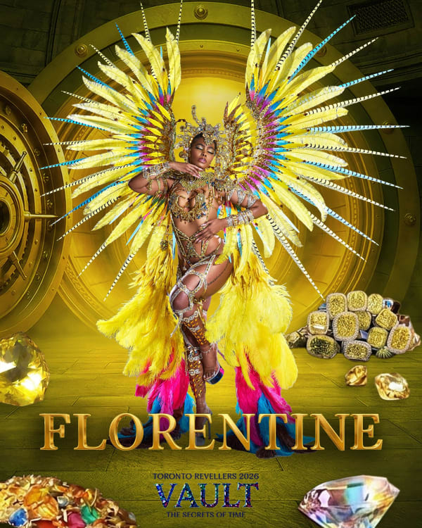 Female carnival dancer in elaborate golden feathered wings and large matching crown headpiece from Toronto Revellers Florenti