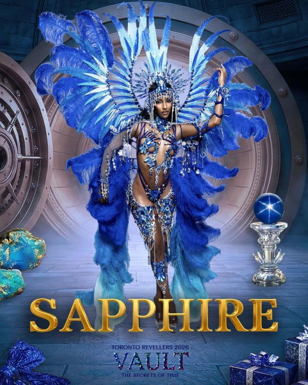 Male carnival performer in elaborate blue feathered costume with massive wings and large feathered crown headdress, Toronto R