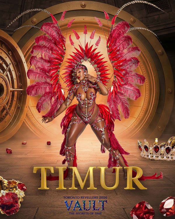Female carnival dancer in elaborate red and gold Timur costume with massive feathered wings and large feathered crown headdre