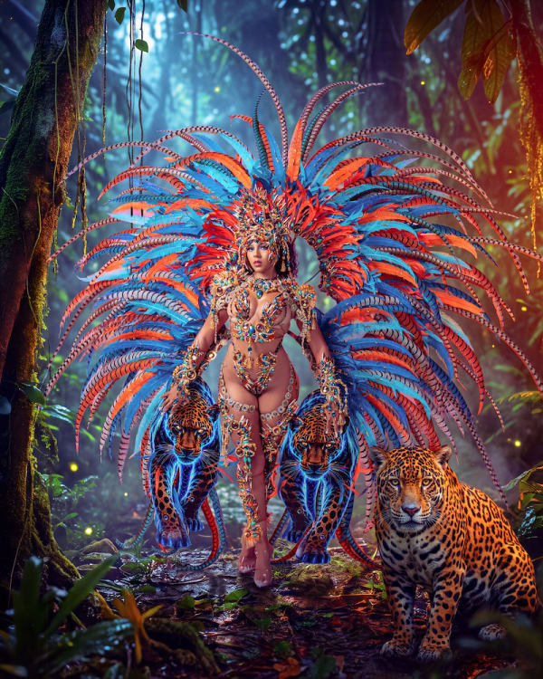 Female performer in red and blue feathered Prowl Hardline costume with jaguars at Trinidad Carnival 2027 by Yuma