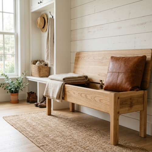 Handmade Solid Ash Storage Bench with Flip-Top Seat & Exposed Joinery