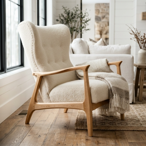 Handmade Sculpted Maple Accent Chair in Cream Boucle Fabric