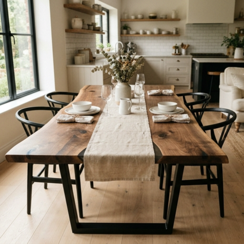 Handcrafted Live Edge Walnut Dining Table with Resin Inlay & Tapered Metal Legs