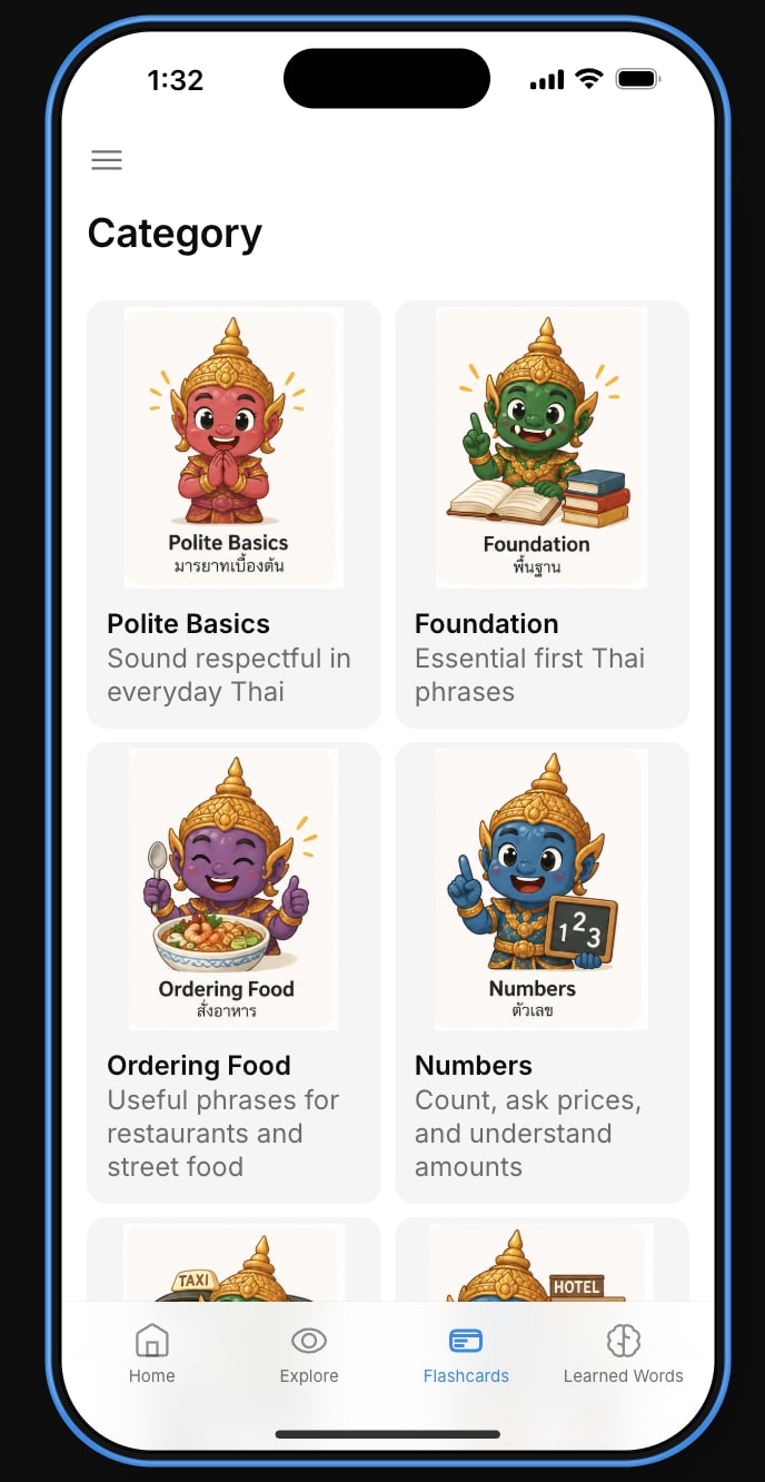 Thai Capsule category flashcards screen