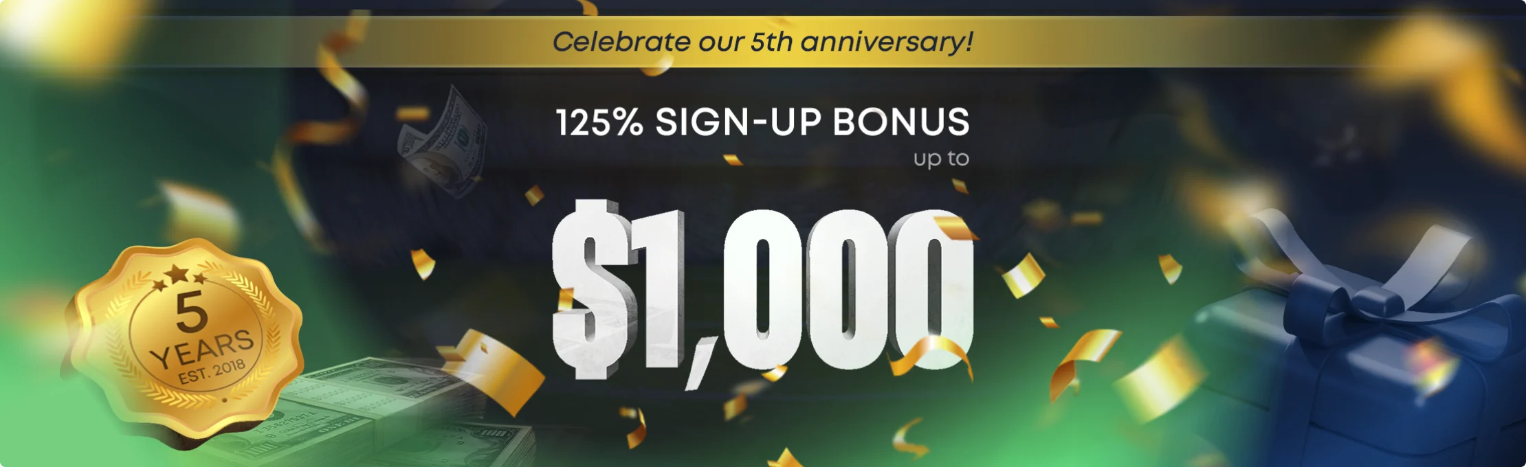 5th anniversary 125% sign-up bonus banner