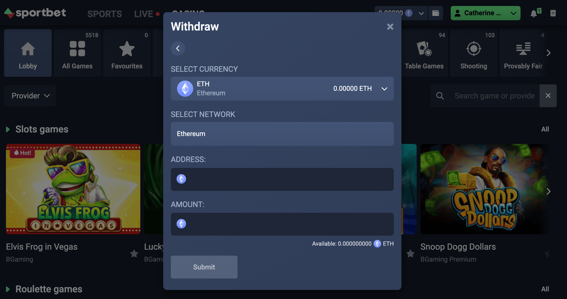 Withdraw Ethereum at Sportbet.one An image of the Sportbet.one crypto casino interface, illustrating the process of how to withdraw ETH, with highlighted wallet options, withdrawal fields, and confirmation steps.