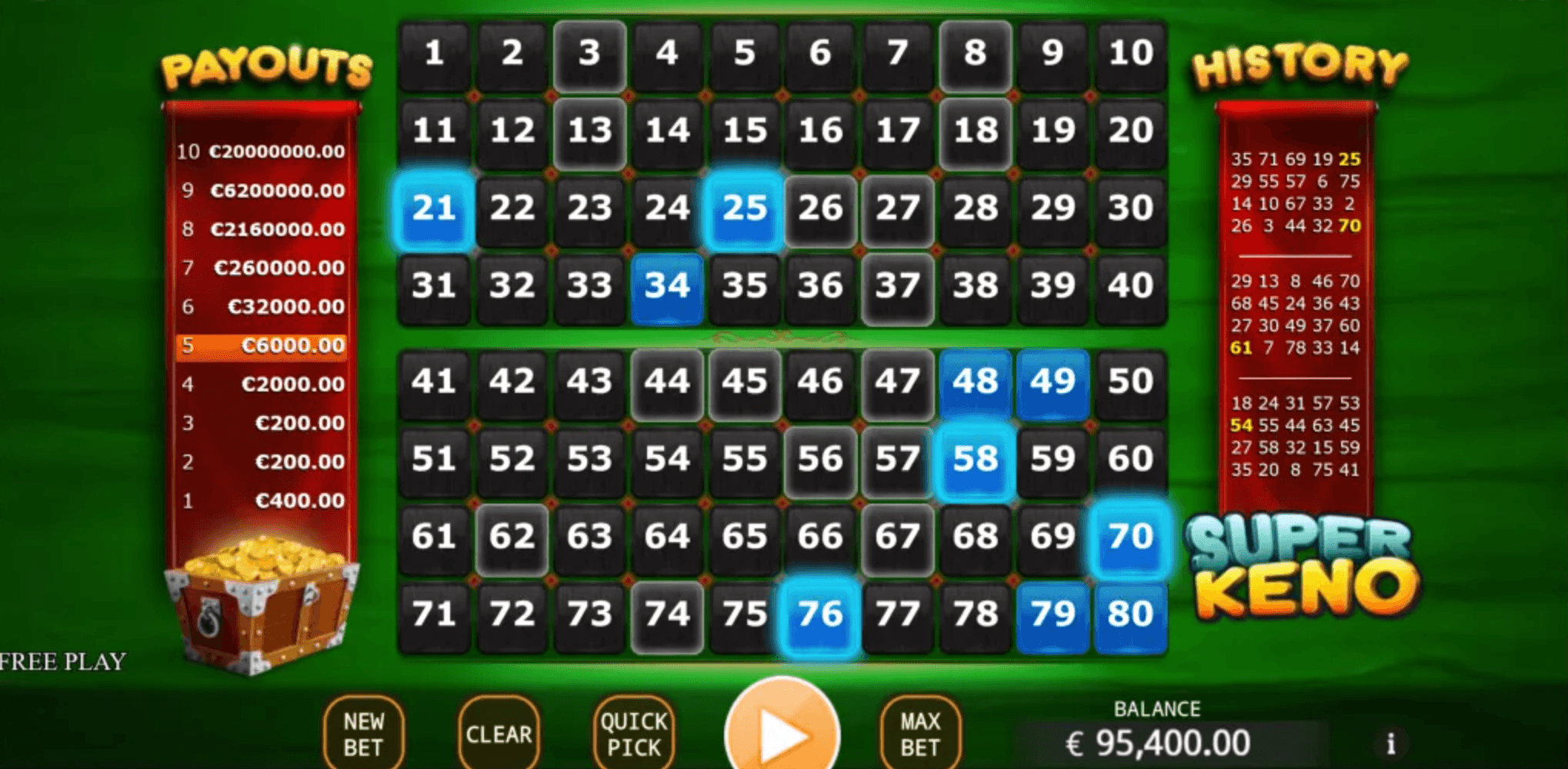 An image of the Game Super Keno by KA Gaming interface, showing a gameplay screen with the numbered grid, selected picks, and highlighted winning results.