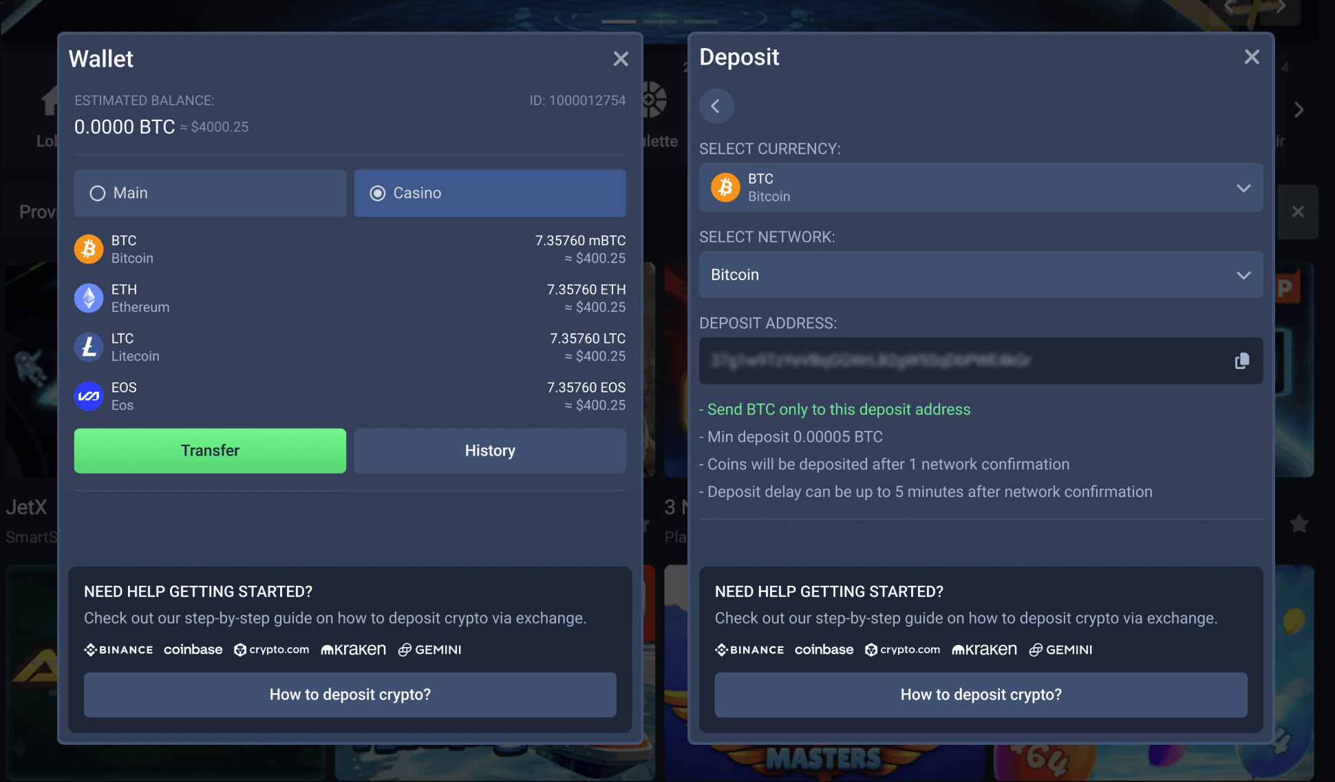 An image of the Sportbet.one crypto site interface, showing the deposit form with cryptocurrency input fields, wallet address entry, and transaction details.