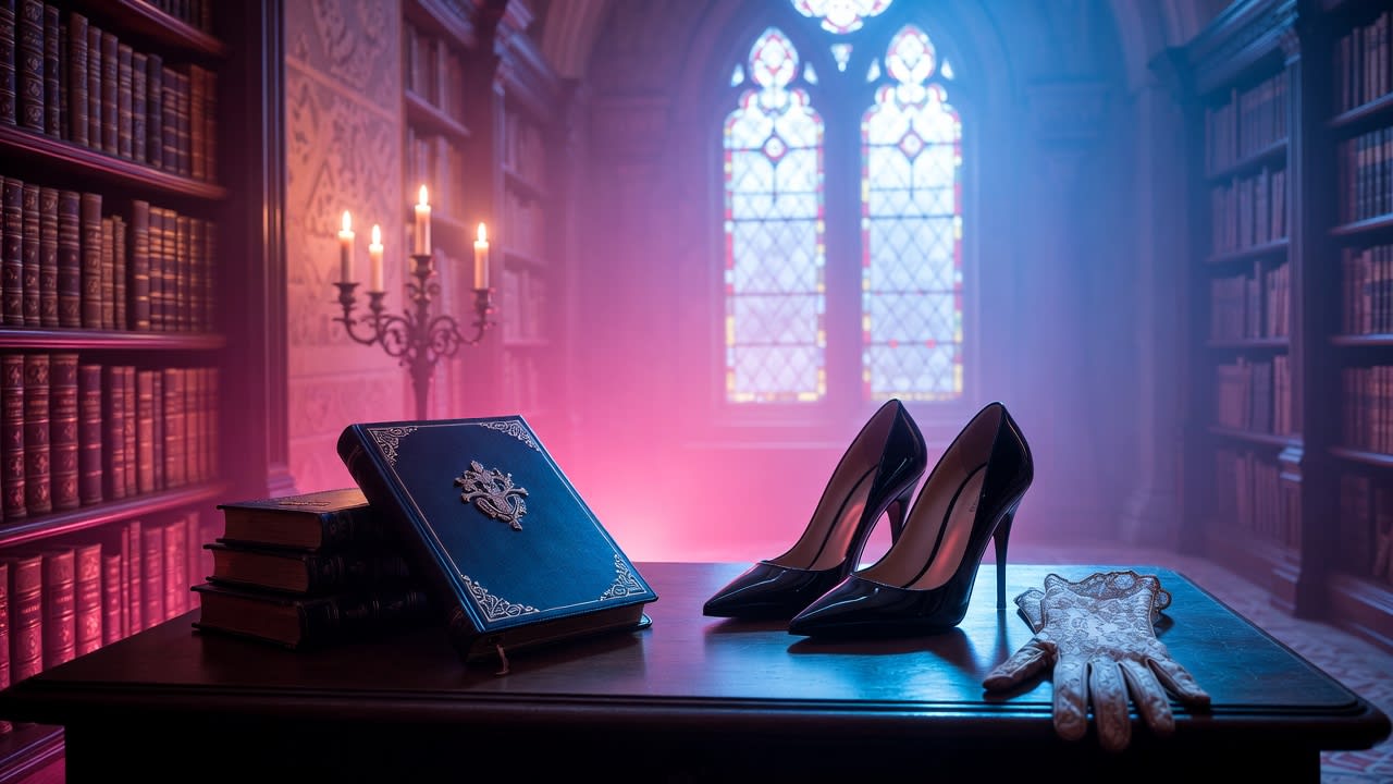 Elegant femdom themed library with high heels and training journal representing a beginner guide to sissy training and submission.