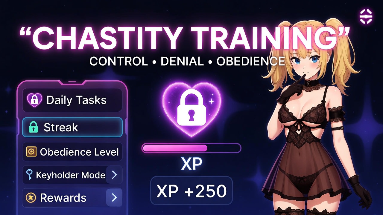 Neon anime-style chastity training artwork with glowing lock, XP bar, daily tasks, streak, obedience level, keyholder mode and rewards.