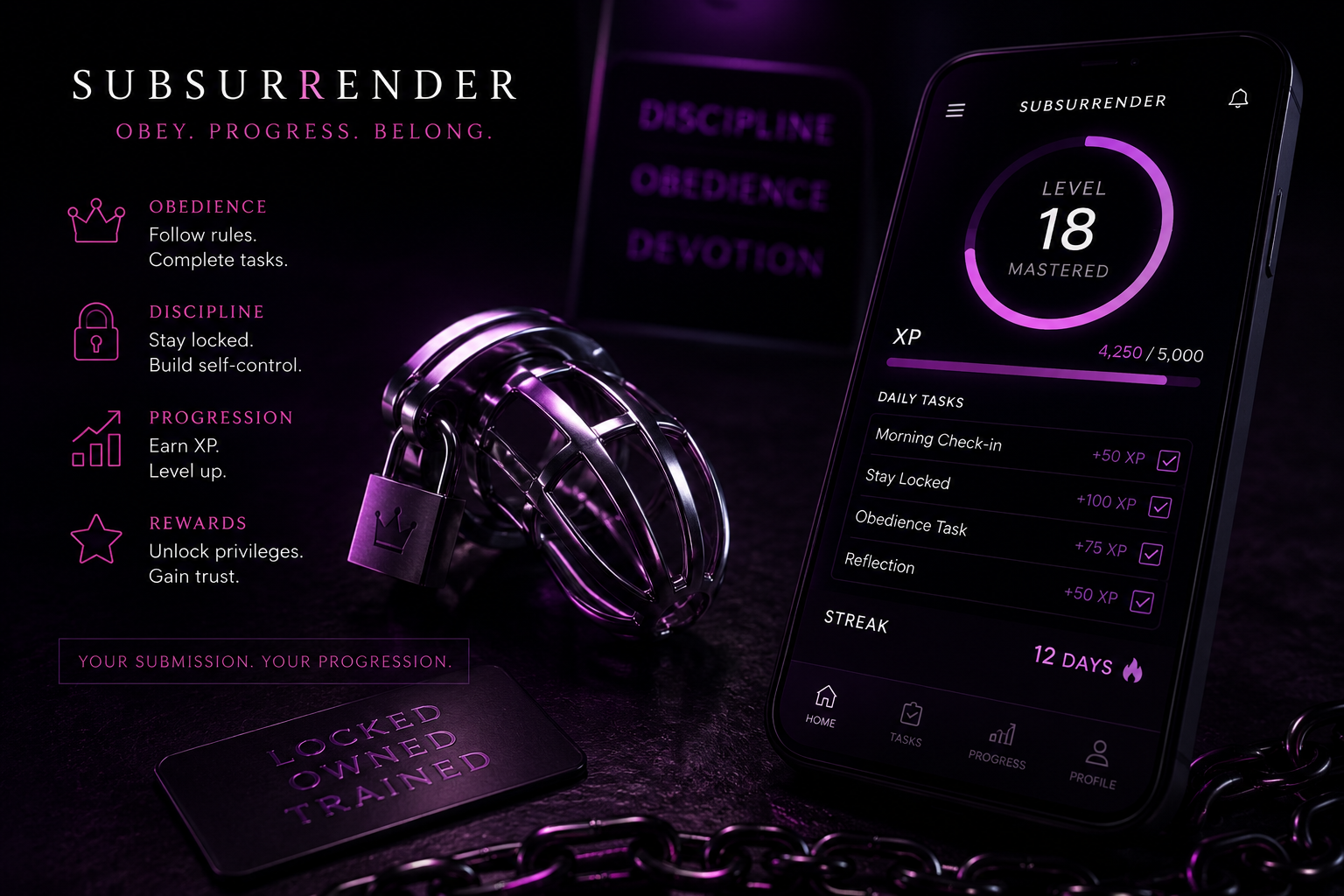 SubSurrender app showing level progression, XP, daily tasks, and a 12-day streak beside a chastity device