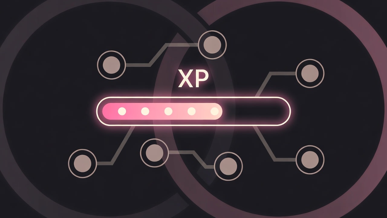 Neon XP progress bar and glowing skill tree on a dark background, representing gamified kink progression