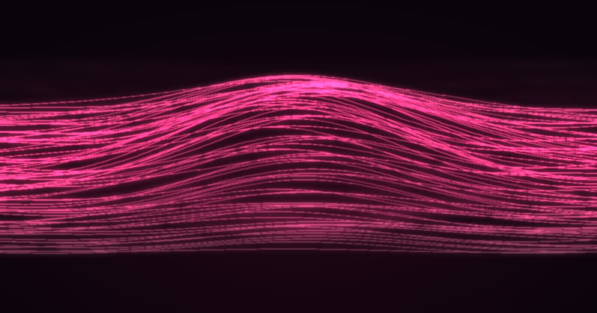 Abstract neon pink wave of glowing light lines settling into calm on a dark background