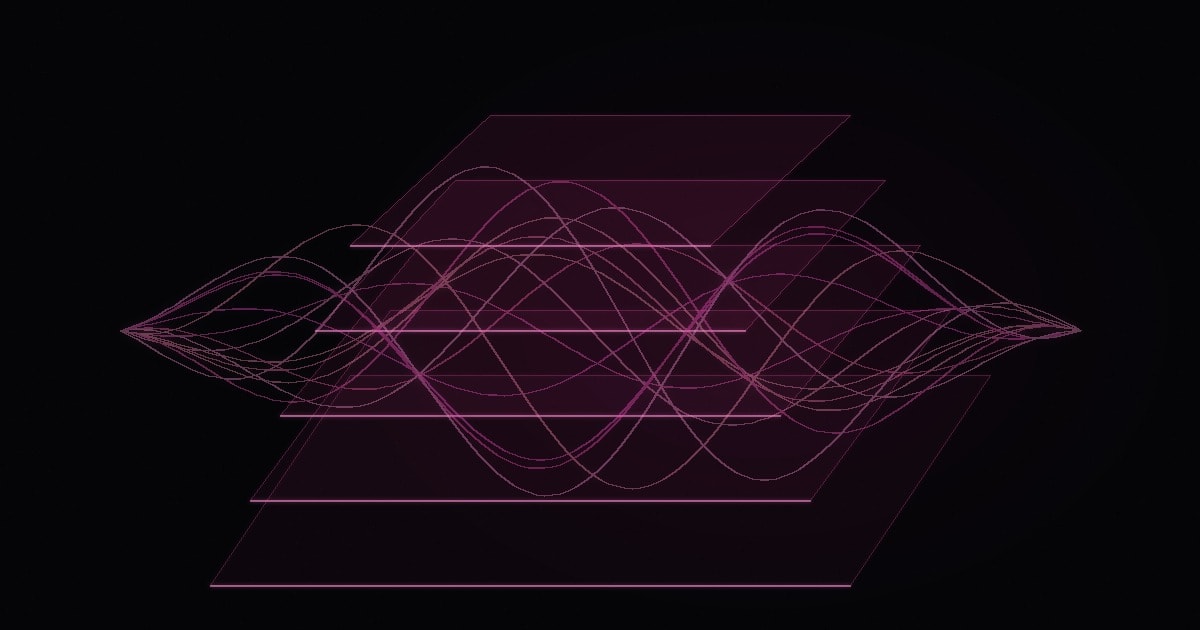 Abstract neon artwork of layered translucent pink planes stacked in tiers, connected by glowing interwoven lines on a dark background