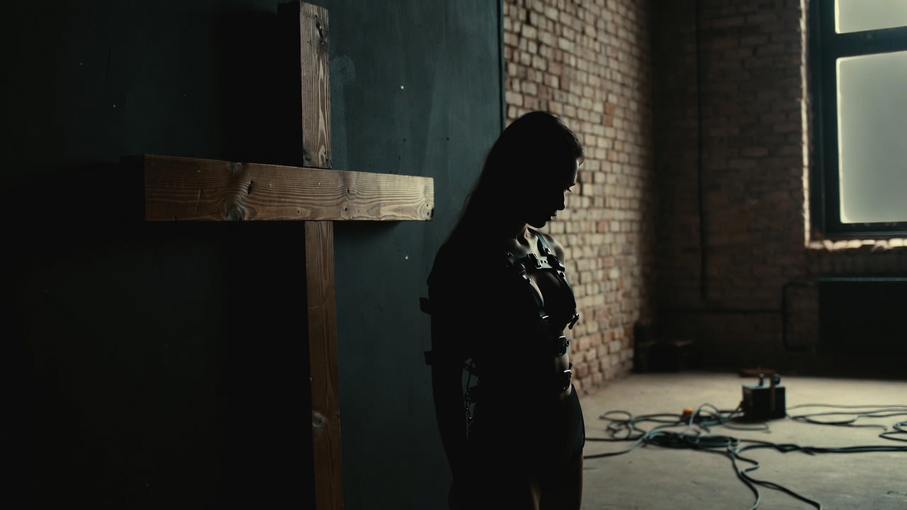 A woman in a leather harness stands with her head bowed beside a tall wooden cross in a dim industrial room with exposed brick walls and a grey window.