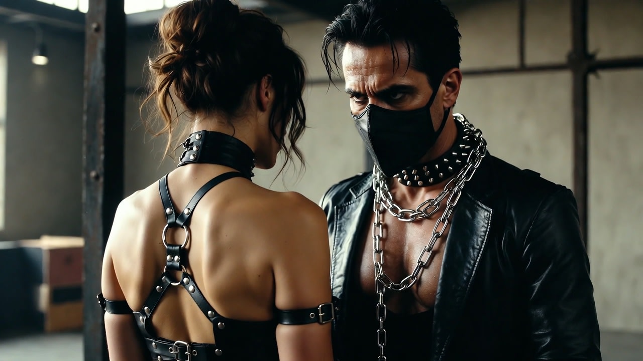 A woman in a black leather harness and collar stands facing a masked man in a leather jacket and heavy chains in a dim industrial room, the two locked in a charged, still standoff before a scene begins.