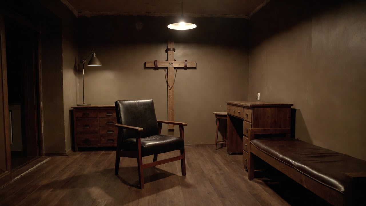 A quiet, warmly lit playroom with a wooden cross on the wall, a leather chair, a leather bench and a single lamp