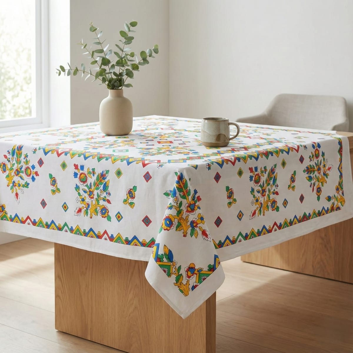 Reaktif Beyaz Masa Örtüsü – Sarı Yazma Desenli