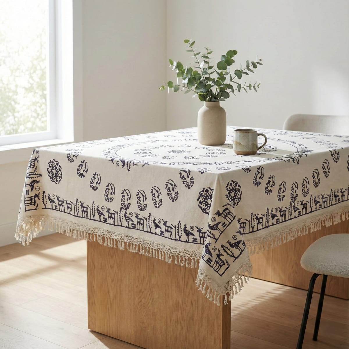 Taş Baskı Bağlı Masa Örtüsü Kare