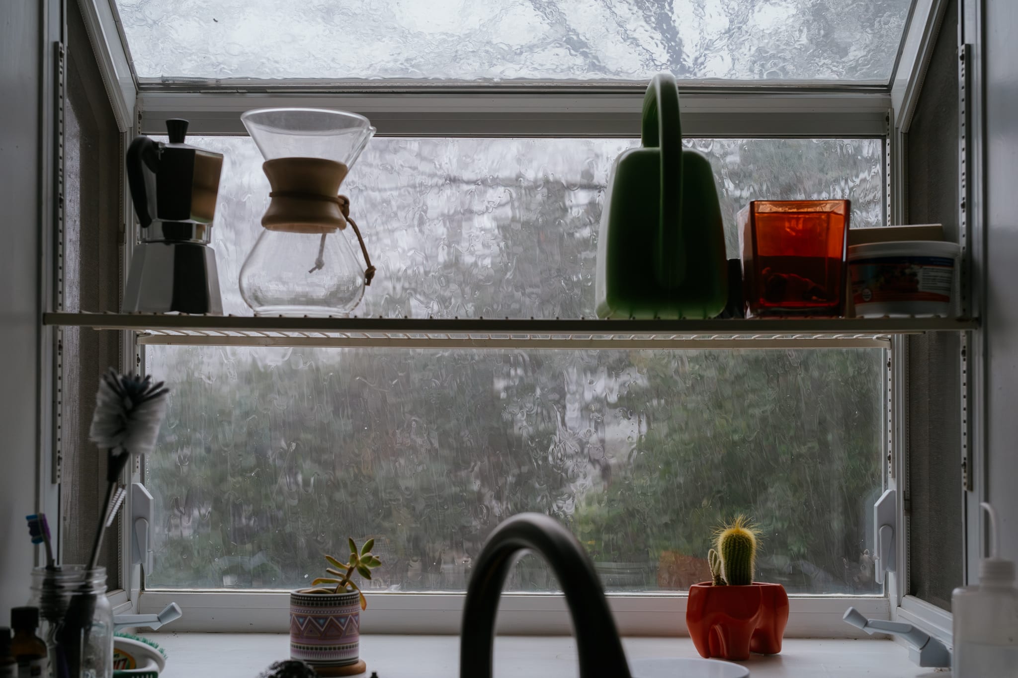 a moka pot, chemex coffee maker, water pitcher, plant food, a succulent and cactus sitting in a garden window during heavy rain