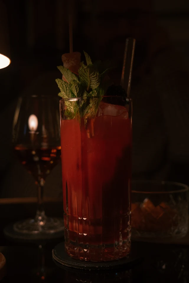 a mixed drink in a tall glass with berries and mint leaves