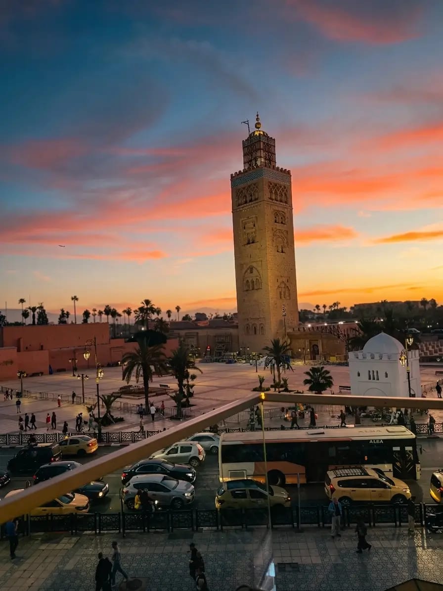 Koutoubia Mosque minaret at sunset in Marrakech