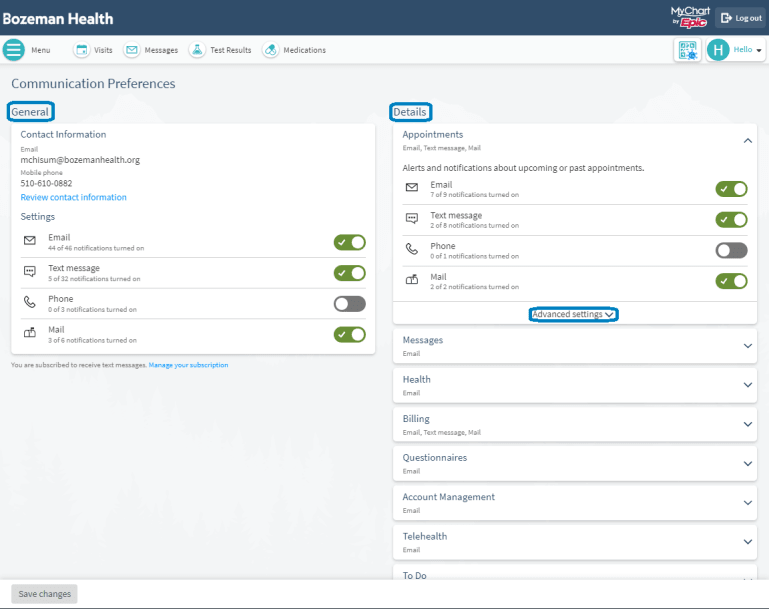 MyChart Communications Preferences Bozeman Health
