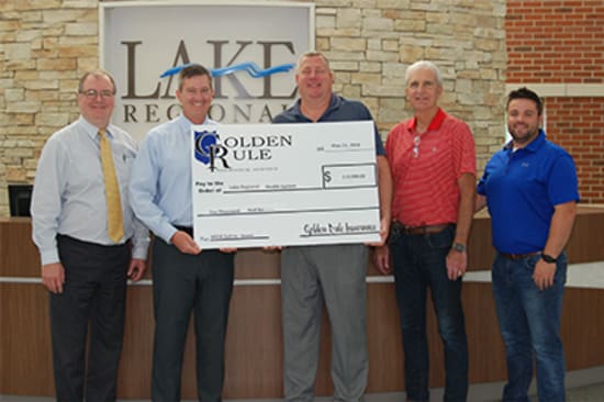 Lake Regional Health System receives a $10,000 workplace safety grant from Missouri Employers Mutual. Pictured are Kevin McRoberts, senior vice president of Lake Regional Operations; Dane W. Henry, Lake Regional CEO; Jeff Bethurem, risk manager at Golden Rule Insurance Agency; JL Brenizer, co-owner of Golden Rule Insurance Agency; and Nick Brenizer, office/sales manager at Golden Rule Insurance Agency.