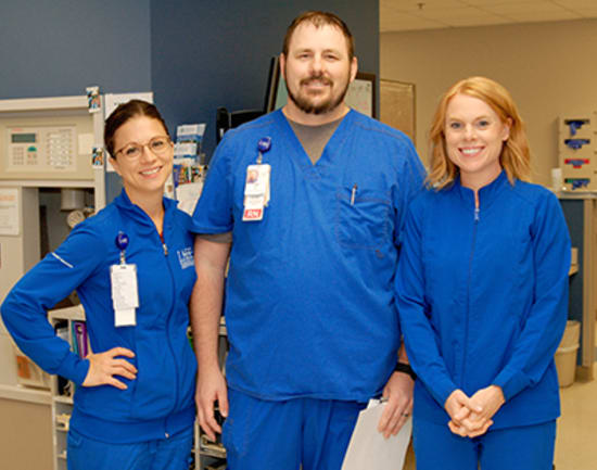 1) Jon Chaffin, R.N., winner of the Beacon of Clinical Excellence, with LaRae Wood, Emergency Department lead, and Amy Funderburk, Emergency Department nurse manager.