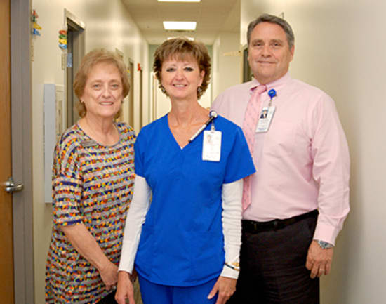 5) Patti Swanson, MLT, winner of the Beacon of Commitment to Community, with Judy Zickefoose, manager of Lake Regional Clinic – Camdenton, and Michael Burcham, vice president of Physician Practices.