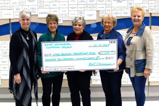 The Women of the Evangelical Lutheran Church in America organization at Kent Memorial Lutheran Church present a $2,277 donation to Lake Regional Hospital Auxiliary. Pictured are Jayne Brown, Auxiliary president; Betty Coleman, Auxiliary past president; and WELCA members Linda Williams, Joyce Wanamaker and Eldeen Hanke.