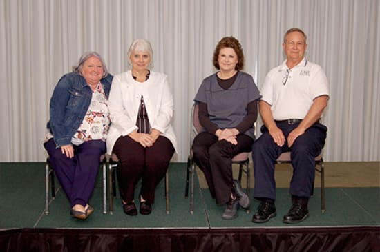 Recipients of the Lake Regional Service Recognition Award included Carol Meyer (40 years), Regina Frohoff and Penny Williams (35 years) and Dennis Thompson (30 years). Not pictured are Colleen Nations (40 years) and Frank Bolden (30 years).