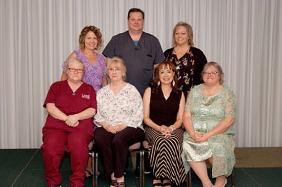Recipients of the Lake Regional Service Recognition Award for 25 years of continuous service were (back row) Kelli Waters, Nathan Evans, Jennifer Schmidt, (front row) Lana Upton, Mary Ellen Coy, Cecilia Pobst and Sheila Plemmons. Not pictured is Angela Halterman.