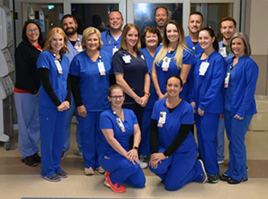 Pictured from Lake Regional Emergency Department are (front row) Brianne Luck, R.N., and Samantha Emery, R.N.; (middle row) Amy Funderburk, R.N.; Sherrie Williams, R.N., Vicki Preble, CNA; Kathleen Bybee, R.N.; Alexis Cooney, R.N.; Lacey Schmidt, R.N.; and Karen Ray, R.N.; and (back row) Meredith Leach, M.D.; Alex Miller, PCT; Kyle Davolt, R.N.; Todd Cooper, M.D.: Bruce Schlager, R.N.; and Jake Anderson, PCT.