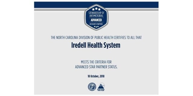 The North Carolina Division of Public Health certifies to all that Iredell Health System meets the criteria for Advanced Star Partner status. 18 October, 2018