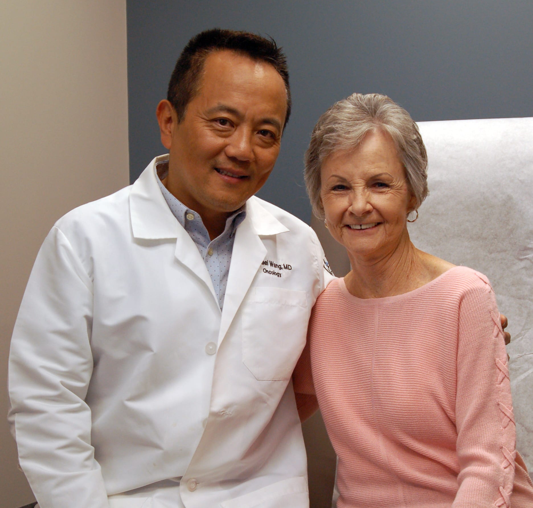 Lake Regional Oncologist Michael Wang, M.D., and Hodgson. “They are exceptional,” she said of Lake Regional’s cancer team, “and I think there are more people in our community who need to learn about our cancer center.”