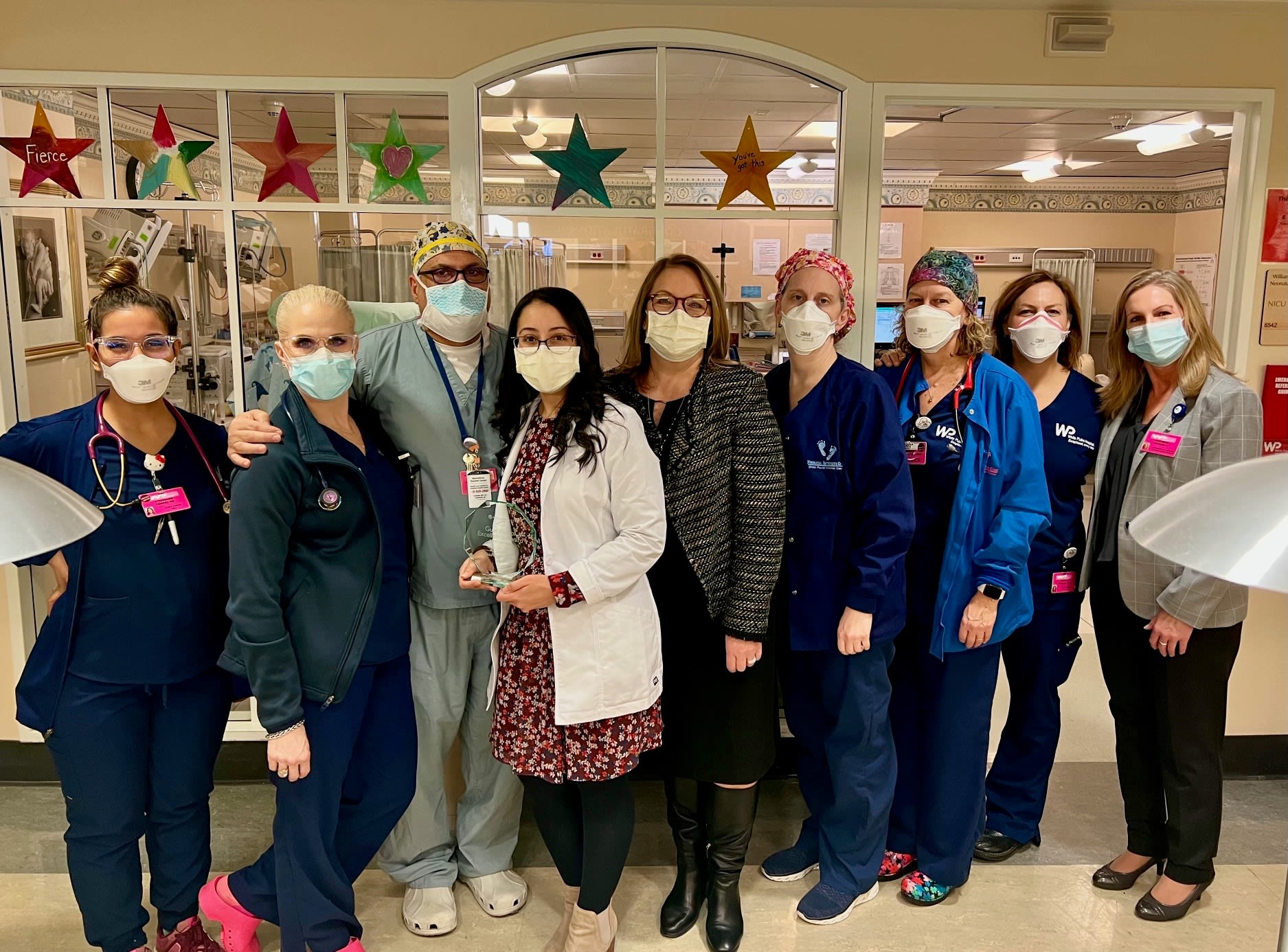 From left: Stephanie Torres, RN; Jill Guercio-Niebling, RN; Jesus Jaile-Marti, MD; Vanessa Maisonave, RN; Leigh Anne McMahon, CNO; Shari Ammann, RN; Karen Henderson, RN; Haley Martell, RN; and Stephanie Porricelli, RN.