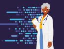 An illustration of a healthcare professional wearing a lab coat and carrying a clipboard.